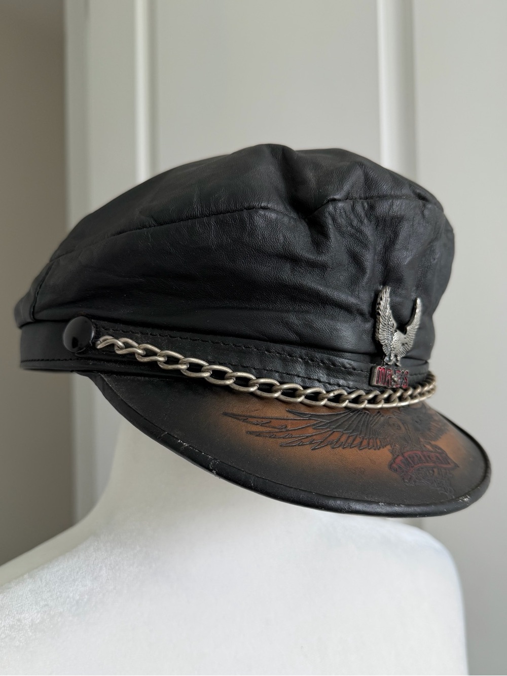 Vintage 90s Leather Biker Captain Hat USA Eagle Chain Moto Rocker Y2K Americana - Picture 5 of 16
